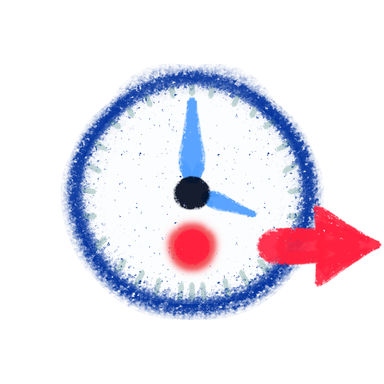 a white clock face with a red dot at the bottom, and a red arrow on the right pointing right very far away from the dot, with blue hands.